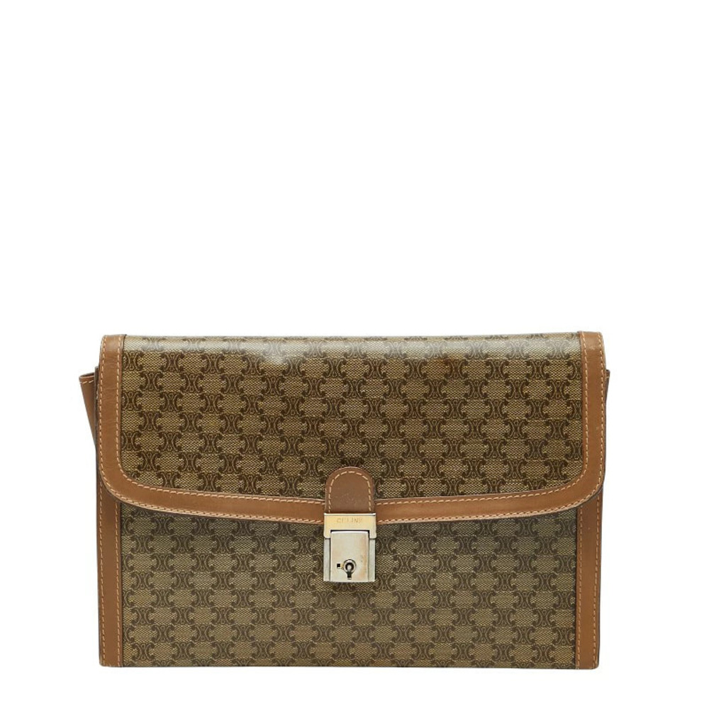 Celine Macadam Clutch Bag Shoulder Beige Cream Leather